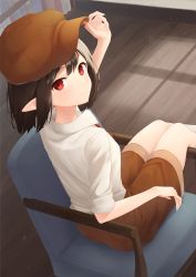 Rule 34 | 1girl, black hair, blouse, book, bookshelf, brown hat, brown shorts, chair, commentary, day, feet out of frame, flat cap, from above, from behind, hand on headwear, hat, highres, indoors, kanpa (campagne 9), kneehighs, light particles, long sleeves, looking at viewer, looking back, necktie, pointy ears, puffy short sleeves, puffy sleeves, red eyes, red necktie, shameimaru aya, shameimaru aya (newsboy), shirt, short hair, short sleeves, shorts, sitting, sleeves rolled up, smile, socks, solo, touhou, white shirt, white socks, wooden floor