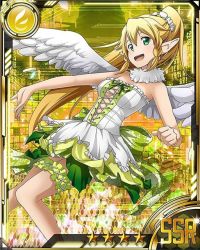 Rule 34 | 10s, 1girl, blonde hair, breasts, card (medium), cleavage, dress, feathered wings, green eyes, high ponytail, leafa, long hair, medium breasts, solo, star (symbol), strapless, strapless dress, sword art online, thigh strap, white wings, wings