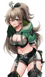 Rule 34 | 1girl, ;q, absurdres, arms behind back, black shorts, black thighhighs, blush, breasts, brown hair, cleavage, closed mouth, commentary, elsword, green eyes, groin, hair between eyes, highres, hood, hood down, leaning forward, lithia beryl (elsword), long hair, looking at viewer, medium breasts, navel, one eye closed, ponytail, short shorts, short sleeves, shorts, shrug (clothing), simple background, smile, solo, symbol-only commentary, thighhighs, tongue, tongue out, very long hair, white background, xes (xes 5377)