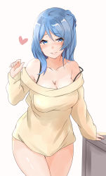 Rule 34 | 1girl, absurdres, beige background, blue eyes, blue hair, blush, breasts, cleavage, collarbone, cowboy shot, highres, kantai collection, large breasts, long hair, long sleeves, looking at viewer, off-shoulder shirt, off shoulder, open mouth, saku (kudrove), shirt, simple background, smile, solo, urakaze (kancolle), yellow shirt