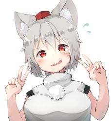 Rule 34 | 1girl, animal ears, blush, commentary request, double v, grey hair, hat, inubashiri momiji, mamemochi, open mouth, red eyes, short hair, simple background, solo, tokin hat, touhou, upper body, v, wavy mouth, white background, wolf ears