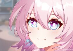 Rule 34 | 1girl, blue eyes, blurry, blurry background, blush, close-up, closed mouth, commentary, depth of field, english commentary, hair between eyes, highres, honkai: star rail, honkai (series), march 7th (honkai: star rail), pink eyes, pink hair, smile, solo, twitter username, two-tone eyes, vonn363