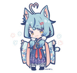 Rule 34 | 1girl, :3, ahoge, animal ear fluff, animal ears, artist name, blue hair, blush, cat ears, cat tail, chibi, floral print, full body, hair ornament, hairclip, heart, heart ahoge, hololive, japanese clothes, kimono, long hair, looking at viewer, ninomae ina&#039;nis (artist), official alternate costume, pointy ears, simple background, solo, standing, tail, virtual youtuber, white background, wide sleeves, yellow eyes, yukihana lamy, yukihana lamy (new year)