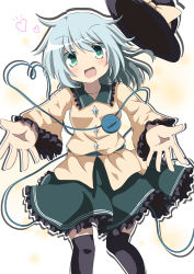 Rule 34 | 1girl, absurdres, black thighhighs, bow, do (4-rt), green eyes, hat, hat bow, heart, heart of string, highres, incoming hug, jacket, komeiji koishi, long sleeves, looking at viewer, open clothes, open jacket, open mouth, outstretched arms, shirt, silver hair, skirt, smile, solo, thighhighs, third eye, touhou, unworn hat, unworn headwear, wide sleeves, zettai ryouiki