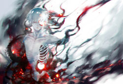 Rule 34 | 1boy, black background, closed mouth, colored skin, commentary request, embers, facing viewer, grey background, grey hair, grey skin, highres, hole in face, kagune (tokyo ghoul), kaneki ken, koujima shikasa, male focus, red background, red eyes, ribs, short hair, solo, tentacles, tokyo ghoul, topless male, white hair