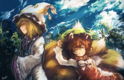 Rule 34 | 2girls, adjusting clothes, adjusting headwear, animal ears, animal hat, artist name, blonde hair, blue sky, blue tabard, bow, bowtie, brown eyes, brown hair, cat ears, chen, closed eyes, closed mouth, cloud, cloudy sky, dated, dress, fox tail, frilled dress, frills, green headwear, hat, highres, long sleeves, mob cap, multiple girls, multiple tails, nani kore (wjstpwls4), nature, one eye closed, outdoors, plant, red vest, shirt, short hair, signature, sky, smile, smirk, tabard, tail, touhou, tree, upper body, vest, white bow, white bowtie, white dress, white headwear, white shirt, wide sleeves, yakumo ran