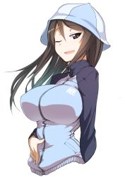 Rule 34 | 10s, 1girl, blue hat, breasts, brown eyes, brown hair, girls und panzer, hat, highres, impossible clothes, jacket, kagami uekusa, large breasts, long hair, mika (girls und panzer), one eye closed, smile, solo, upper body