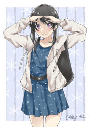 Rule 34 | 1girl, backpack, bag, black hair, blue dress, commentary request, cowboy shot, dress, fubuki (kancolle), gakky, jacket, kantai collection, long hair, looking at viewer, low ponytail, official alternate costume, one-hour drawing challenge, polka dot, polka dot dress, ponytail, purple eyes, shading eyes, short ponytail, sidelocks, solo, white jacket