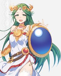 Rule 34 | 1girl, ancient greek clothes, armlet, belt, breasts, chiton, choker, commentary request, cowboy shot, dress, eyelashes, female focus, gold choker, green eyes, green hair, grey background, hair spread out, hand up, headdress, highleg, highres, jewelry, kid icarus, kid icarus uprising, lace background, long hair, looking at viewer, matching hair/eyes, medium breasts, necklace, nintendo, open mouth, palutena, parted bangs, ryon (ryonhei), shadow, shield, sidelocks, simple background, smile, smug, solo, strapless, strapless dress, thighhighs, very long hair, white dress, white thighhighs