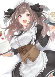 Rule 34 | 1girl, absurdres, apron, breasts, brown hair, cake, corset, food, frills, hair ribbon, highres, idolmaster, idolmaster shiny colors, juliet sleeves, large breasts, long hair, long sleeves, looking at viewer, maid, maid apron, maid headdress, necktie, open mouth, pekoni (peconi), pink eyes, puffy sleeves, ribbon, solo, teapot, tray, tsukioka kogane, waist apron, white apron, white background