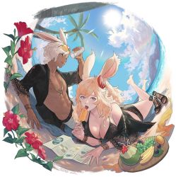 Rule 34 | 1boy, 1girl, adventurer (ff14), animal ears, arch, bare shoulders, barefoot, beach, bikini, black bikini, black shirt, blonde hair, blue eyes, bracelet, bracer, breasts, brochure, byuub, cleavage, cloud, coconut, cup, dark-skinned male, dark skin, drinking straw, eating, eyewear on head, feet up, final fantasy, final fantasy xiv, flower, food, fruit, full body, grapes, hair between eyes, hair flower, hair ornament, hibiscus, holding, holding cup, holding food, holding ice cream, ice cream, jewelry, large breasts, long hair, looking at viewer, lying, necklace, ocean, on stomach, one eye closed, open clothes, open shirt, outdoors, pale skin, palm tree, parted lips, pectorals, pink eyes, rabbit boy, rabbit ears, rabbit girl, reclining, red flower, sandals, shirt, shoes, short hair, strappy heels, sun, sunlight, swimsuit, tongue, tongue out, tree, unworn sandals, unworn shoes, viera, warrior of light (ff14), wavy hair, white hair