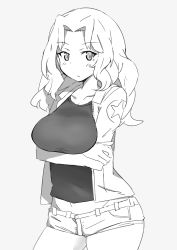 Rule 34 | 1girl, breast hold, breasts, closed mouth, commentary, cowboy shot, crossed arms, emblem, girls und panzer, greyscale, hair intakes, jacket, kay (girls und panzer), light frown, long hair, long sleeves, looking at viewer, micro shorts, midriff, military, military uniform, monochrome, ngc20701, open clothes, open jacket, saunders military uniform, shirt, shorts, sketch, solo, standing, star (symbol), uniform