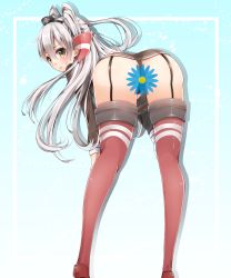 Rule 34 | 10s, 1girl, amatsukaze (kancolle), ass, black panties, blue background, blush, brown dress, censored, dress, hair tubes, highres, kantai collection, long hair, looking back, navy (navy.blue), panties, parted lips, red thighhighs, sailor dress, short dress, silver hair, solo, sweat, thighhighs, two side up, underwear, yellow eyes