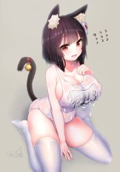 Rule 34 | 1girl, animal ear fluff, animal ears, azur lane, bell, black hair, breasts, brown background, cat ears, cat tail, collarbone, cum, cum on body, cum on breasts, cum on clothes, cum on upper body, doyouwantto, fang, large breasts, looking at viewer, name tag, one-piece swimsuit, open mouth, red eyes, school swimsuit, short hair, signature, simple background, sitting, solo, swimsuit, tail, wariza, white one-piece swimsuit, white school swimsuit, yamashiro (azur lane), yamashiro (summer offensive?) (azur lane)