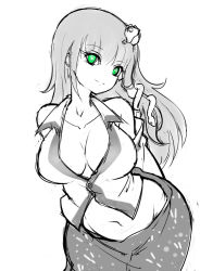 Rule 34 | 1girl, bare shoulders, belly, bent over, breasts, cleavage, curvy, detached sleeves, frog hair ornament, green eyes, greyscale, hair ornament, kochiya sanae, large breasts, looking at viewer, monochrome, no bra, no nose, raptor7, smile, snake hair ornament, solo, spot color, touhou, wide hips