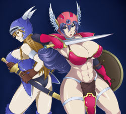 Rule 34 | 2girls, abs, ass, breasts, brown hair, butt crack, cleavage, daisy (dq), dragon quest, dragon quest iii, helmet, large breasts, multiple girls, otogi tetsurou, panties, purple hair, shield, soldier (dq3), square enix, sword, underwear, weapon