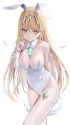 1girl accessories animal_ears blonde_hair blush bow breasts cleavage detached_collar highleg highleg_leotard highres large_breasts leotard long_hair looking_at_viewer mythra_(xenoblade) playboy_bunny rabbit_ears shiroshiroghost simple_background solo thigh_strap white_background white_bow white_leotard wrist_cuffs xenoblade_chronicles_(series) xenoblade_chronicles_2 yellow_eyes