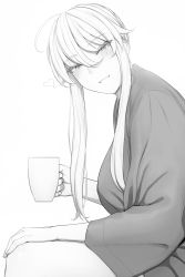 Rule 34 | 1girl, artoria pendragon (fate), artoria pendragon (lancer) (fate), cup, fate/grand order, fate (series), greyscale, hair between eyes, heart, highres, holding, holding cup, lvl (sentrythe2310), monochrome, mug, sidelocks, smile, solo, swept bangs, upper body