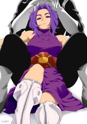 Rule 34 | 2girls, absurdres, boku no hero academia, boots, closed mouth, commentary request, dress, earrings, highres, ippan josei, jewelry, knee up, lady nagant, looking at viewer, mixed-language commentary, multicolored hair, multiple girls, on ground, pink hair, purple dress, purple eyes, purple hair, short hair, solo focus, stayaliveplz, streaked hair, turtleneck, turtleneck dress, two-tone hair, white footwear