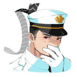Rule 34 | 1boy, black hair, facial hair, gloves, goatee, hand to own mouth, hat, highres, looking at viewer, male focus, mature male, military, military uniform, red eyes, scar, scar on face, scar on nose, short hair, sideburns, simple background, solo, tokyo houkago summoners, undercut, uniform, upper body, watatuki, white background, white gloves, yoritomo (housamo)