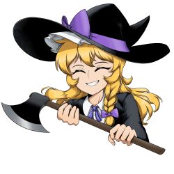 Rule 34 | 1girl, axe, black hat, blonde hair, bow, braid, closed eyes, commentary, english commentary, frilled hat, frills, giantcavemushroom, hair bow, hat, hat bow, highres, holding, holding axe, kirisame marisa, long hair, purple bow, side braid, simple background, single braid, smile, solo, touhou, upper body, white background, witch hat