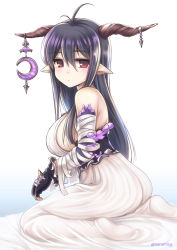 Rule 34 | 10s, 1girl, antenna hair, bandages, bandaged arm, black gloves, black hair, blush, breasts, crescent, danua, draph, dress, fingerless gloves, gloves, granblue fantasy, hair between eyes, horn ornament, horns, jewelry, large breasts, long hair, looking at viewer, narumizg, pointy ears, red eyes, sideboob, simple background, solo, white background, white dress