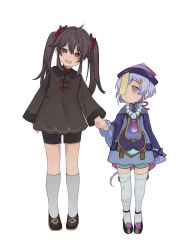 Rule 34 | 2girls, absurdres, aged down, ahoge, aqua shorts, arm at side, arms at sides, bandaged leg, bandages, bead necklace, beads, black footwear, black hair, black shirt, black shorts, braid, braided ponytail, child, coin hair ornament, dress, flower-shaped pupils, full body, genshin impact, hair between eyes, hair ornament, hat, head tilt, height difference, highres, holding hands, hu tao (genshin impact), jewelry, kneehighs, long hair, long sleeves, looking at another, looking at viewer, looking away, looking to the side, multiple girls, nakura hakuto, necklace, ofuda, one eye covered, platform footwear, prayer beads, purple dress, purple eyes, purple hair, purple headwear, qingdai guanmao, qiqi (genshin impact), red eyes, shirt, shorts, side-by-side, sidelocks, simple background, single braid, socks, standing, swept bangs, symbol-shaped pupils, tassel, thighhighs, toggles, twintails, very long hair, white background, white legwear, wide sleeves