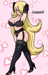 Rule 34 | 1girl, absurdres, armpits, arms behind head, artist name, black bra, black footwear, black gloves, black panties, black thighhighs, blonde hair, bra, breasts, cleavage, closed mouth, collarbone, covered erect nipples, creatures (company), cynthia (pokemon), elbow gloves, eyelashes, from side, full body, game freak, garter belt, gloves, grey eyes, hair over one eye, heart, heart background, heart print, high heels, highres, lanzort, large breasts, light smile, lips, long hair, looking at viewer, mole, mole on breast, navel, nintendo, panties, pink background, pokemon, pokemon dppt, print panties, see-through, shiny skin, solo, stiletto heels, thighhighs, thighs, underwear, very long hair, walking