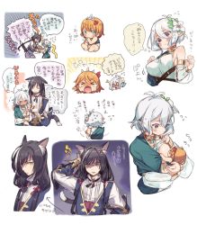 Rule 34 | &gt;o&lt;, 1boy, 2girls, ahoge, alternate breast size, amana (pocketkey), animal ear fluff, animal ears, annoyed, antenna hair, baby, bare shoulders, black hair, blue eyes, blue sleeves, blush, blush stickers, breast press, breastfeeding, breasts, cat ears, cat tail, cleavage, collared shirt, commentary request, crying, crying with eyes open, cygames, detached sleeves, dress, flower, flying sweatdrops, gender request, genderswap, green eyes, hair between eyes, hair flower, hair ornament, hair ribbon, highres, karyl (princess connect!), kokkoro (princess connect!), large breasts, long hair, low twintails, multicolored hair, multiple girls, open mouth, pecorine (princess connect!), pointy ears, princess connect!, ribbon, shirt, short hair, sleeveless, sleeveless shirt, speech bubble, streaked hair, sweatdrop, tail, tears, thought bubble, thumb sucking, tiara, translation request, twintails, v-shaped eyebrows, white background, white flower, white hair, white shirt, wide sleeves