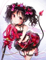 Rule 34 | 10s, 1girl, 2016, bare shoulders, black hair, bow, bracelet, character name, choker, dated, demon tail, fishnet thighhighs, fishnets, garter belt, gloves, hair bow, hair ornament, hairclip, happy birthday, highres, jewelry, love live!, love live! school idol festival, love live! school idol project, midriff, midriff peek, navel, polearm, polka dot, polka dot bow, red eyes, red gloves, red skirt, short hair, skirt, smile, solo, tail, thighhighs, tiara, trident, twintails, weapon, yazawa nico, yukinokoe