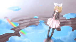 Rule 34 | 1girl, black pantyhose, blonde hair, blush, boots, day, dress, female focus, from above, full body, hair ornament, hair ribbon, hairclip, jacket, kagamine rin, outdoors, pantyhose, pink dress, puddle, rainbow, reflection, ribbon, short hair, sky, solo, tears, vocaloid, water, yayoi (egoistic realism)