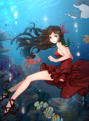 Rule 34 | 1girl, :o, absurdres, ankle cuffs, ankle lace-up, backless dress, backless outfit, bare legs, belly chain, blue eyes, breasts, brown hair, butterflyfish, coral, coral hair ornament, cross-laced footwear, dolphin, dress, floating hair, from side, full body, hair ornament, highres, horns, jewelry, long hair, looking at viewer, looking to the side, medium breasts, monet930, no socks, ocean, seafloor, original, red dress, red footwear, school of fish, shoes, sideboob, sleeveless, sleeveless dress, tropical fish, underwater