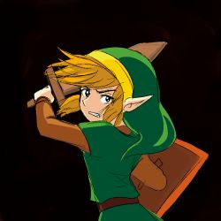 Rule 34 | 1boy, elf, hat, holding, holding sword, holding weapon, link, nintendo, pointy ears, serious, shield, sidelocks, solo, sword, the legend of zelda, the legend of zelda (nes), tunic, upper body, weapon