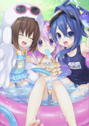 Rule 34 | 10s, 3girls, :d, barefoot, bikini, blue eyes, blue hair, bow, brown hair, casual one-piece swimsuit, choujigen game neptune, closed eyes, face, fang, female focus, food, frilled bikini, frilled swimsuit, frills, gloves, gust (neptunia), hat, hose, innertube, long hair, multiple girls, neptune (neptunia), neptune (series), nippon ichi (neptunia), official art, one-piece swimsuit, open mouth, pon ichi (choujigen game neptune), popsicle, purple hair, school swimsuit, short hair, smile, sunglasses, swim ring, swimsuit, toes, tsunako, wading, wading pool, water, water gun, wet, wet clothes