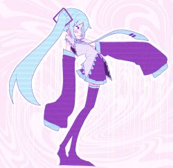 Rule 34 | 1girl, arched back, banananosongen, blue hair, blue necktie, blush stickers, boots, closed mouth, collared shirt, commentary request, detached sleeves, flat chest, floating neckwear, from side, full body, glaring, grey shirt, hair ornament, hatsune miku, heel up, highres, jitome, leaning back, long hair, looking ahead, necktie, outline, outstretched arm, pink background, pleated skirt, pose request, profile, purple eyes, purple footwear, purple skirt, purple sleeves, scanlines, shirt, skirt, sleeveless, sleeveless shirt, sleeves past fingers, sleeves past wrists, solo, standing, swirl, thigh boots, thighhighs, twintails, v-shaped eyebrows, very long hair, very long sleeves, vocaloid, white outline, zettai ryouiki