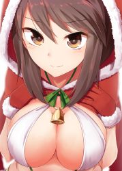 Rule 34 | 1girl, alternate costume, backlighting, bell, bikini, blush, breasts, brown eyes, brown hair, christmas, closed eyes, commentary request, girls und panzer, gloves, hair between eyes, halterneck, highres, hood, hooded coat, large breasts, mika (girls und panzer), nenosame, parted bangs, red gloves, santa costume, short hair, simple background, smile, solo, standing, string bikini, swept bangs, swimsuit, upper body, white background, white bikini