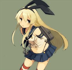 Rule 34 | 10s, 1girl, anchor, bad id, bad pixiv id, bare shoulders, black eyes, blonde hair, buttons, elbow gloves, gloves, hair ribbon, kantai collection, long hair, open mouth, ribbon, school uniform, serafuku, shigure ui, shimakaze (kancolle), skirt, solo, striped clothes, striped thighhighs, thighhighs, underwear
