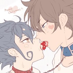 Rule 34 | 2boys, age difference, aged up, bad id, bad pixiv id, blue hair, brown hair, chain, christmas, collar, english text, food, fruit, fudou akio, heart, ibashi roni, inazuma eleven (series), inazuma eleven go, male focus, merry christmas, messy, multiple boys, portrait, revision, strawberry, tongue, tsurugi kyousuke, white background, yaoi