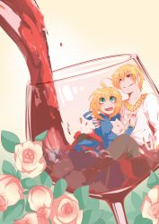 Rule 34 | 1boy, 1girl, absurdres, ahoge, alcohol, artoria pendragon (all), artoria pendragon (fate), blonde hair, cup, dress, drinking glass, fate/zero, fate (series), flower, gilgamesh (fate), green eyes, highres, jewelry, mini person, miniboy, minigirl, msg01, necklace, official alternate costume, pouring, red eyes, saber (fate), wine, wine glass