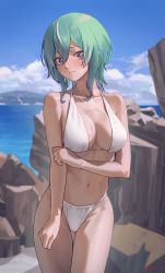 Rule 34 | 1girl, absurdres, aqua hair, bare arms, bare shoulders, bikini, blue sky, blush, breasts, cleavage, closed mouth, collarbone, commentary request, cowboy shot, day, gluteal fold, gradient hair, highres, large breasts, looking at viewer, multicolored hair, navel, nervous smile, ocean, outdoors, purple eyes, purple hair, rock, short hair, signature, sky, smile, solo, sooon, stomach, streaked hair, sweat, swimsuit, thigh gap, virtual youtuber, water, white bikini, white hair