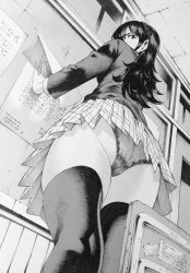 Rule 34 | 1girl, ass, bad id, bad twitter id, from below, greyscale, highres, long hair, looking at viewer, looking down, monochrome, nakajima ryou, original, panties, pantyshot, pleated skirt, poster (object), school uniform, skirt, solo, standing, thighhighs, underwear