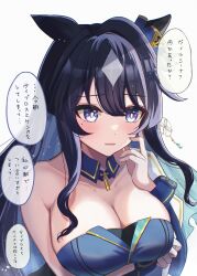 Rule 34 | 1girl, absurdres, animal ears, blue hair, blush, breasts, cleavage, collarbone, commentary request, dark blue hair, earrings, hair between eyes, hair ornament, highres, horse ears, horse girl, jewelry, kaniitama, large breasts, mole, open mouth, portrait, simple background, single earring, solo, translation request, umamusume, verxina (umamusume), white background