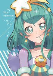 Rule 34 | 1girl, absurdres, aqua background, choker, collarbone, commentary request, cure milky, earrings, english text, green eyes, green hair, hagoromo lala, hair between eyes, hair ornament, hairband, highres, index finger raised, jewelry, long hair, looking at viewer, magical girl, pointy ears, precure, see-through, short sleeves, solo, standing, star (symbol), star earrings, star hair ornament, star twinkle precure, upper body, yellow hairband, yufu kyouko