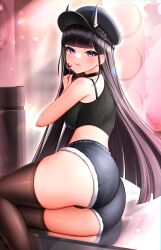 Rule 34 | 1girl, :d, absurdres, arm support, ass, azur lane, black choker, black hair, black shirt, blush, breasts, candy, choker, crop top, demon girl, demon horns, food, from side, half-closed eyes, hand up, hat, highres, holding, holding candy, holding food, holding lollipop, horns, horns through headwear, itacho (itasha draws), lollipop, long hair, looking at viewer, looking back, lying, medium breasts, micro shorts, noshiro (azur lane), noshiro (dressed-up date) (azur lane), on side, oni, open mouth, parted lips, purple eyes, shirt, shorts, skindentation, smile, solo, thighhighs, thighs, torn clothes, torn shorts, very long hair