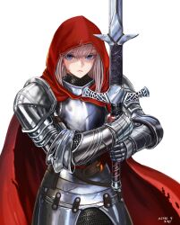 Rule 34 | 1girl, absurdres, armor, blonde hair, blue eyes, breastplate, chainmail, cloak, colored eyelashes, commentary, commission, dragon831, english commentary, gauntlets, highres, holding, holding sword, holding weapon, hood, hood up, hooded cloak, knight, looking at viewer, original, plate armor, serious, solo, sword, weapon, white background, zweihander