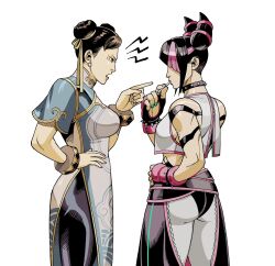 Rule 34 | 2girls, angry, black hair, blue dress, blue panties, bracelet, brown hair, candy, capcom, china dress, chinese clothes, chun-li, collar, collared dress, dress, eyeliner, food, from side, green nails, hair horns, han juri, hand on own hip, highres, jewelry, lollipop, makeup, multiple girls, panties, pointing, pointing at another, short hair, short sleeves, simple background, spiked bracelet, spiked collar, spikes, street fighter, street fighter 6, underwear, white anteater, white background