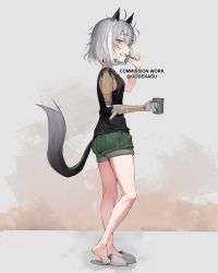 Rule 34 | 1girl, animal ears, black shirt, brushing teeth, commentary, commission, cup, english commentary, from side, full body, godekasu, green shorts, grey footwear, grey hair, highres, holding, jaana kettu, looking at viewer, looking to the side, mechanical arms, mug, original, purple eyes, shirt, short hair, shorts, single mechanical arm, sleeveless, sleeveless shirt, slippers, solo, standing, tail, toothbrush, twitter username