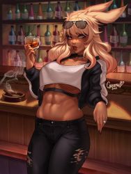 Rule 34 | 1girl, abs, absurdres, animal ears, ashtray, bar (place), blonde hair, blurry, blurry background, bottle, breasts, cigar, commission, crop top, cup, dark-skinned female, dark skin, eyewear on head, final fantasy, final fantasy xiv, greenu, highres, holding, holding cup, jacket, jewelry, large breasts, lilisette illderthane (lilisettexiv), long hair, looking at viewer, midriff, navel, open clothes, open jacket, pants, purple eyes, rabbit ears, red lips, ring, solo, torn clothes, torn pants, tumbler, viera, warrior of light (ff14)