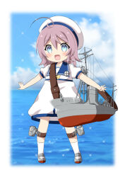 Rule 34 | aged down, aoba (kancolle), blue eyes, blue sailor collar, blue sky, bow, cloud, cosplay, day, dress, full body, hat, horizon, kaiboukan no. 4 (kancolle), kaiboukan no. 4 (kancolle) (cosplay), kantai collection, machinery, ocean, outdoors, outstretched arms, oyu (aoba 0054), purple hair, sailor collar, sailor dress, sailor hat, searchlight, ship, short hair, sky, smile, watercraft, white dress, white headwear, yellow bow