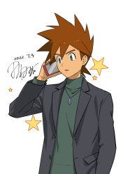 Rule 34 | 1boy, black jacket, brown hair, buttons, commentary request, creatures (company), dated, game freak, gary oak, green shirt, hand up, highres, holding, holding phone, jacket, jewelry, long sleeves, male focus, necklace, nintendo, aged up, one-hour drawing challenge, open clothes, open jacket, phone, pokemon, pokemon (anime), pokemon dppt (anime), shirt, short hair, signature, solo, spiked hair, star (symbol), tamura (kouititamura), upper body, white background
